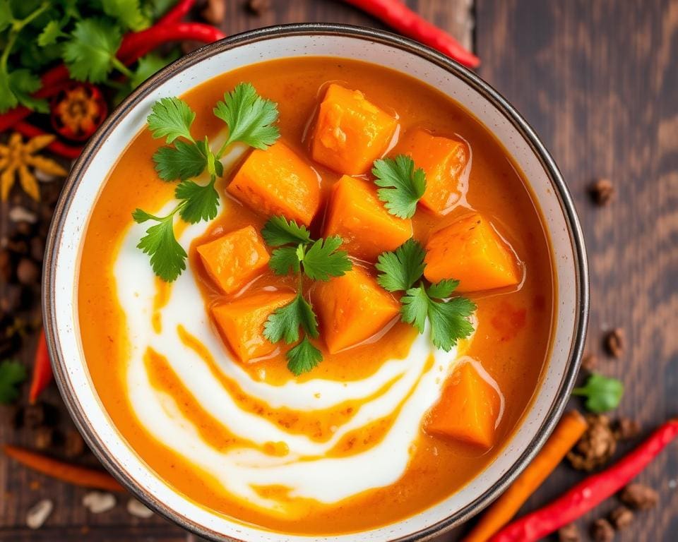 Curry van zoete aardappel met kokosmelk en koriander