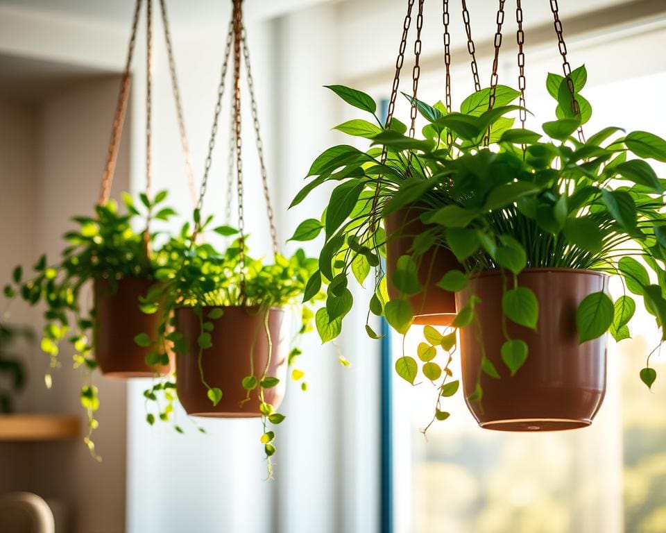 Hangende plantenpotten met decoratieve kettingen