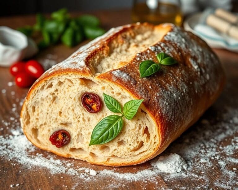 Italiaanse ciabatta met zongedroogde tomaten en basilicum