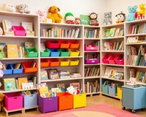 Kinderboekenrekken met kleurrijke opbergbakken