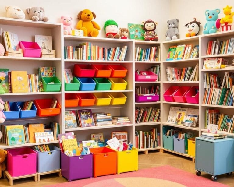 Kinderboekenrekken met kleurrijke opbergbakken