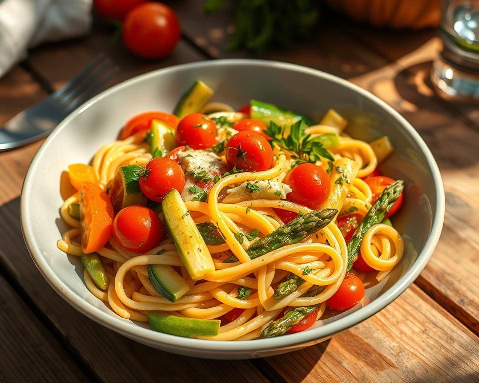 Pasta primavera vol kleurrijke seizoensgroenten