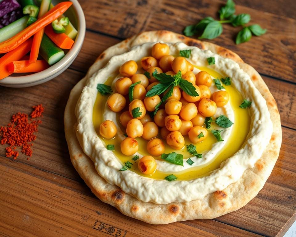 Platbrood met hummus en geroosterde kikkererwten