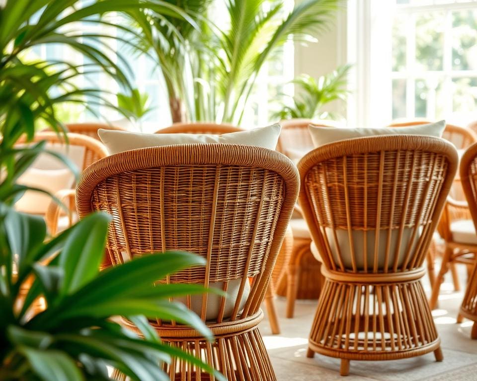 Rieten stoelen met een gewatteerde rugsteun