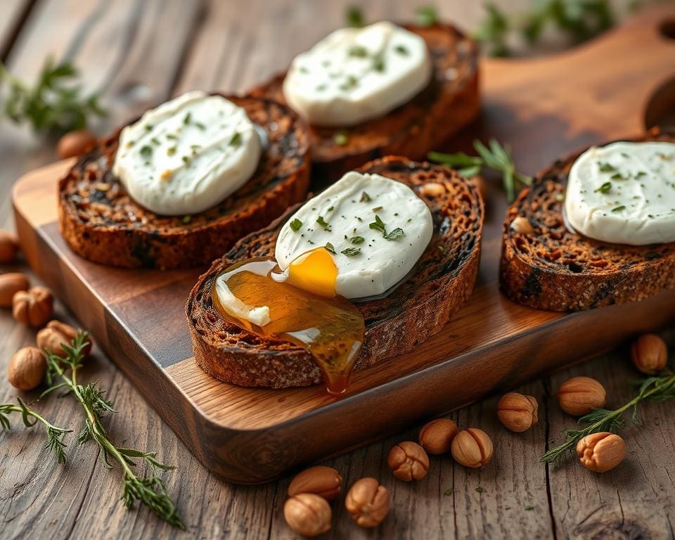 Roggebrood met geitenkaas en honing