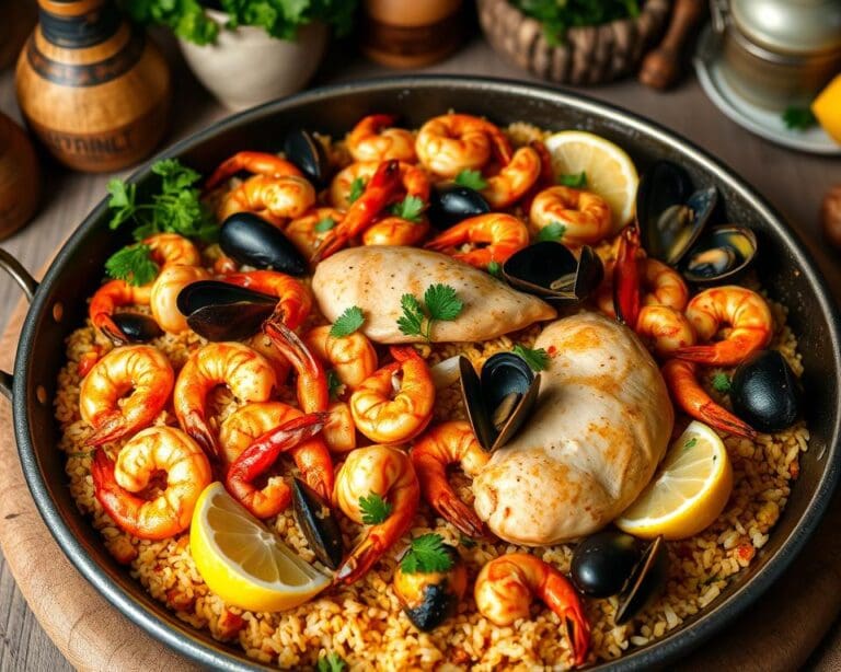 Spaanse paella met zeevruchten en kip