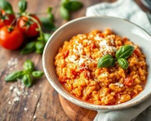 Tomatenrisotto met basilicum en Parmezaanse kaas