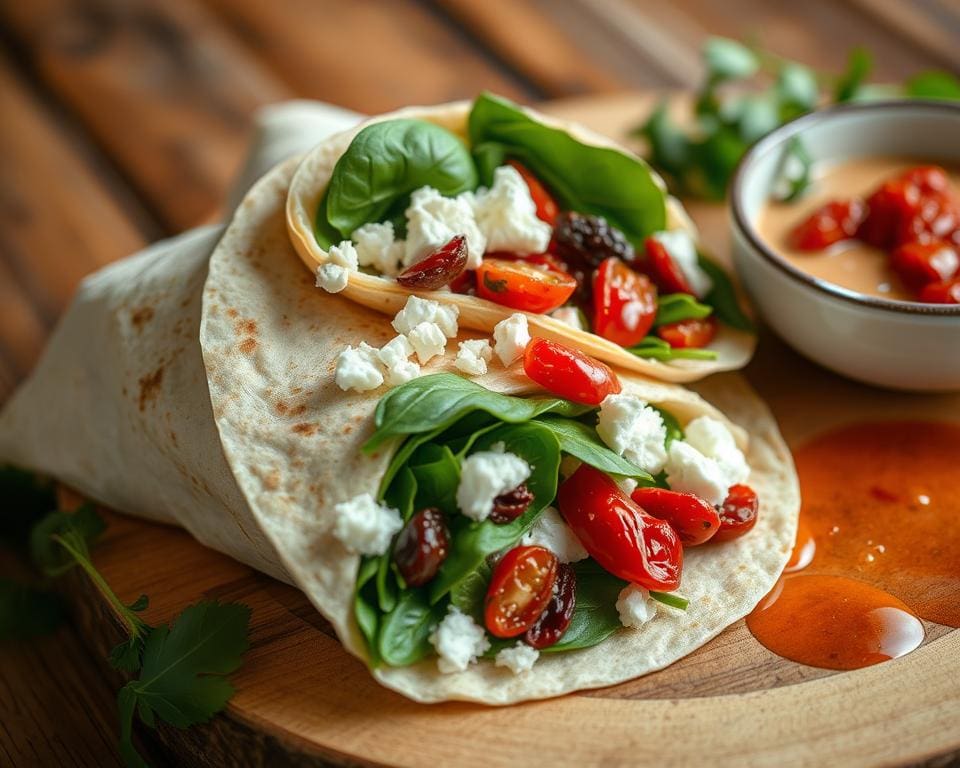 Wrap met spinazie, feta en zongedroogde tomaten