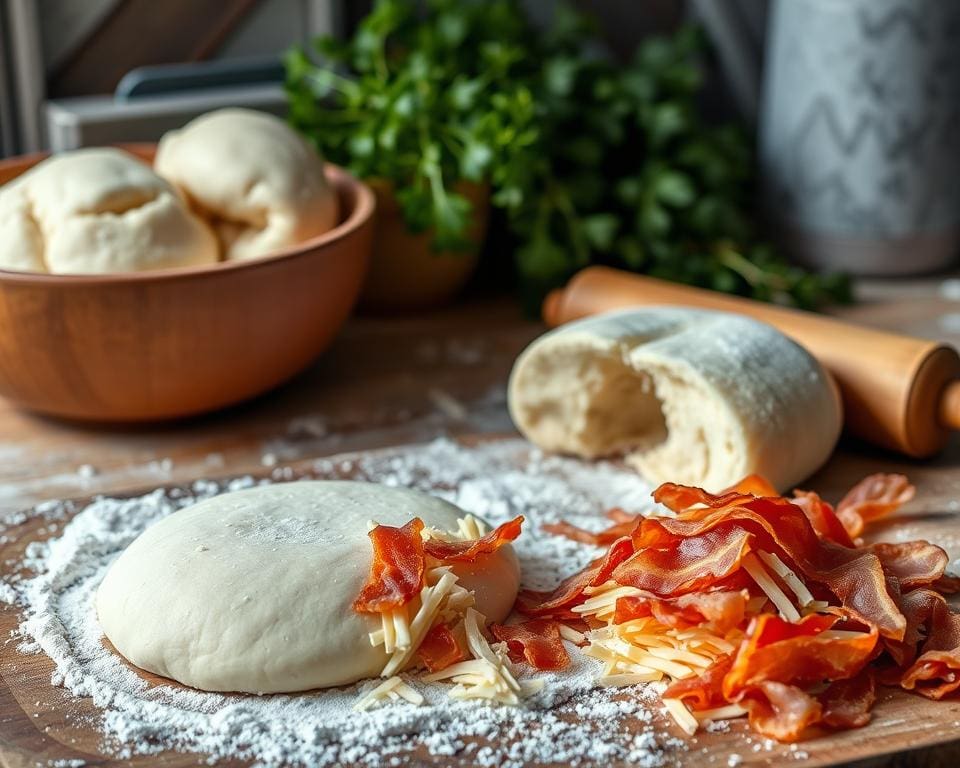 recept voor zelf maken van bolletjesbrood met kaas en spek