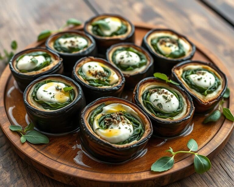 Aubergine rolletjes gevuld met ricotta en spinazie