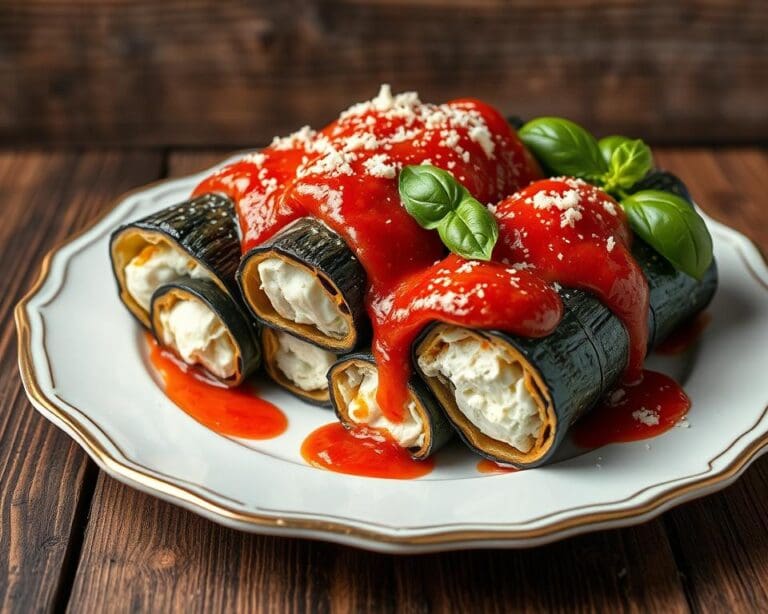 Auberginerolletjes met ricotta en tomatensaus