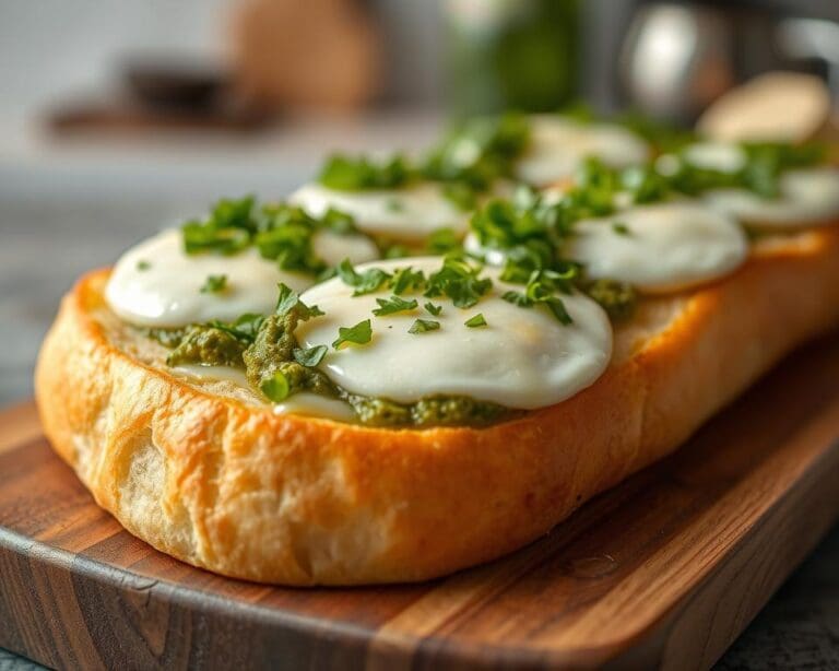 Ciabatta met pesto en mozzarella uit de oven