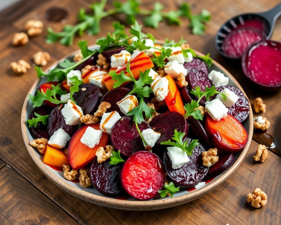 Geroosterde bietensalade met geitenkaas en walnoten