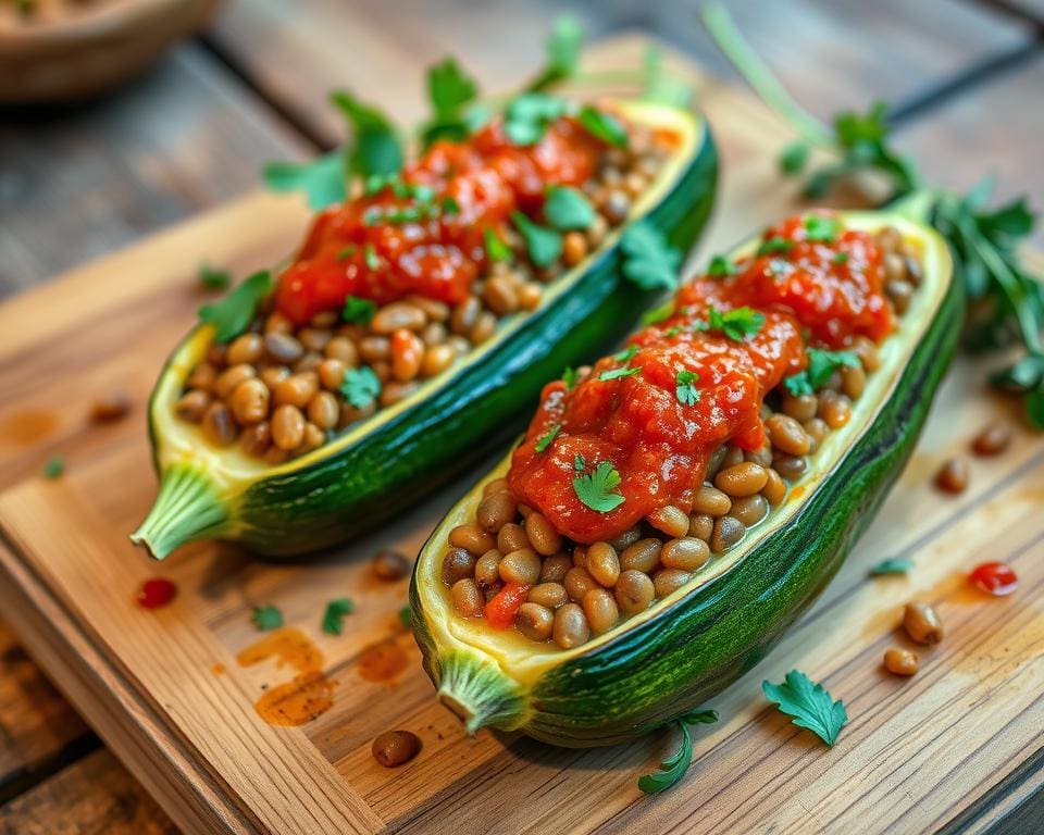 Gevulde courgettes met linzen en een kruidige saus