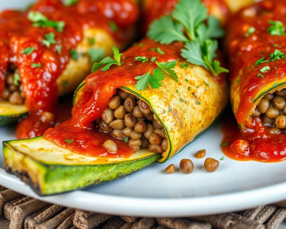 Gevulde courgettes met linzen en een tomatensaus