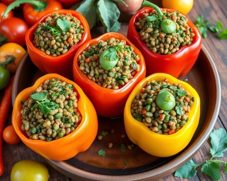 Gevulde paprika’s met linzen en spinazie