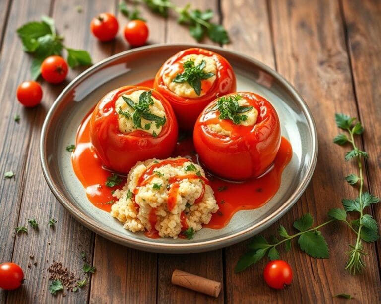 Gevulde tomaten met couscous en een pittige saus