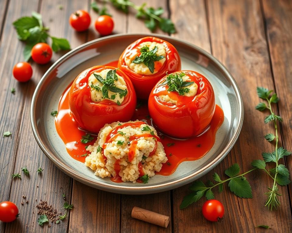 Gevulde tomaten met couscous en een pittige saus