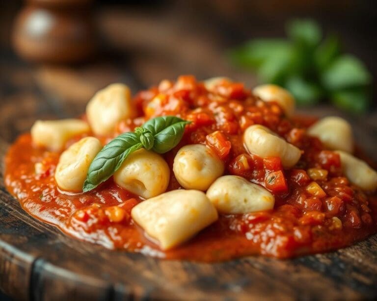 Gnocchi met een pittige tomatensaus en basilicum
