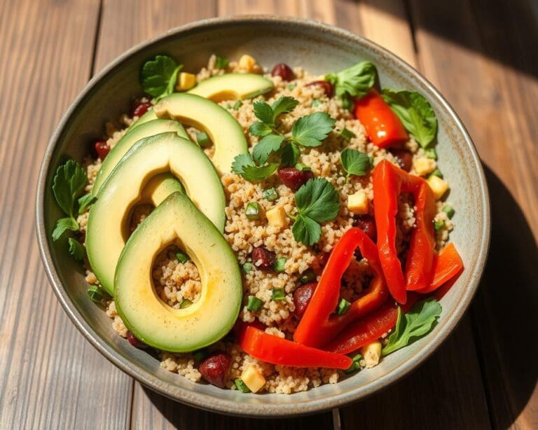 Quinoa salade met avocado en geroosterde paprika