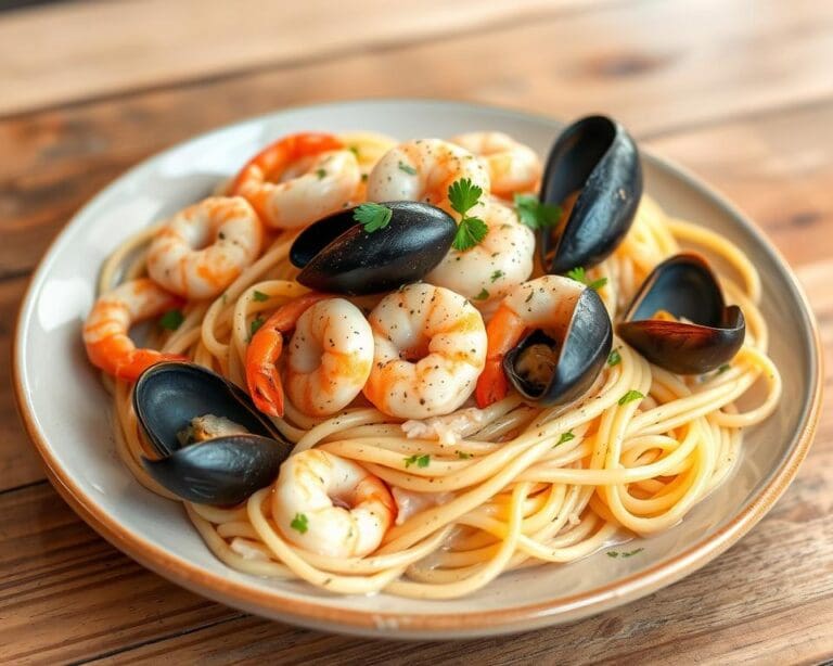 Spaghetti met zeevruchten in een romige saus