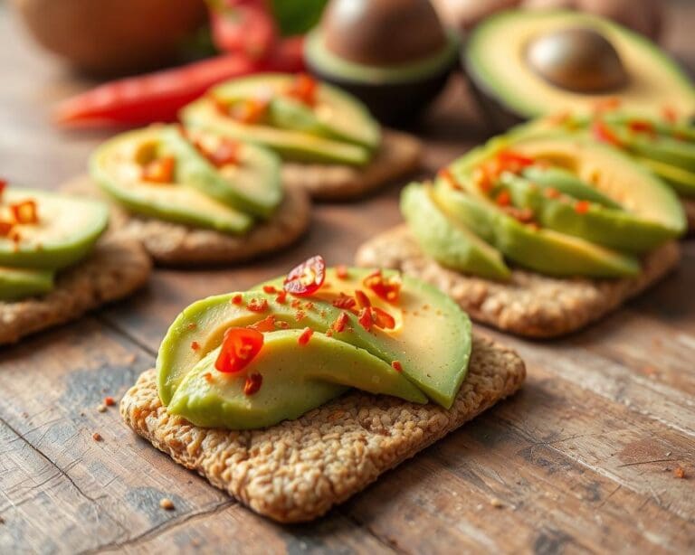 Volkoren crackers met avocado en chilipeper
