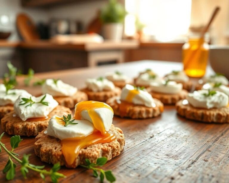 Volkoren crackers met geitenkaas en honing