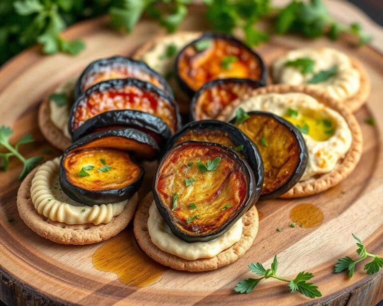 Volkoren crackers met hummus en geroosterde aubergine