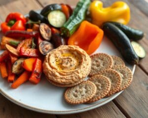 Volkoren crackers met hummus en geroosterde groenten