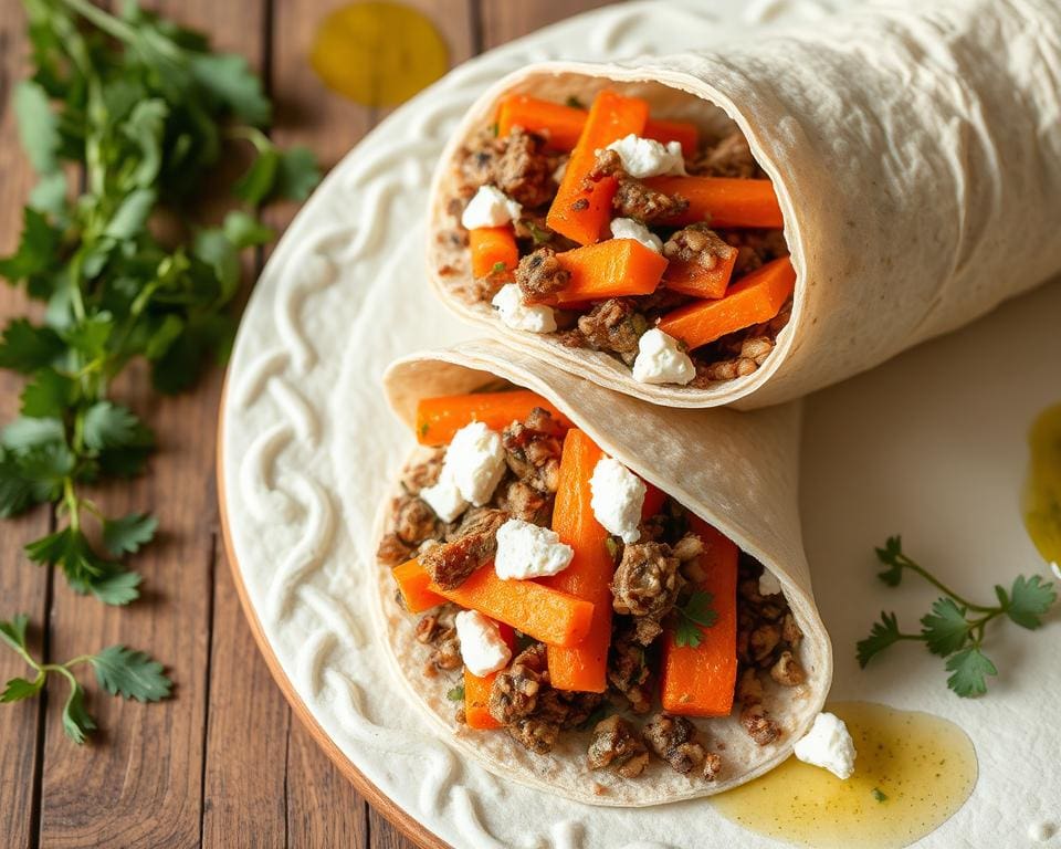 Volkoren wraps met geroosterde wortelen en feta