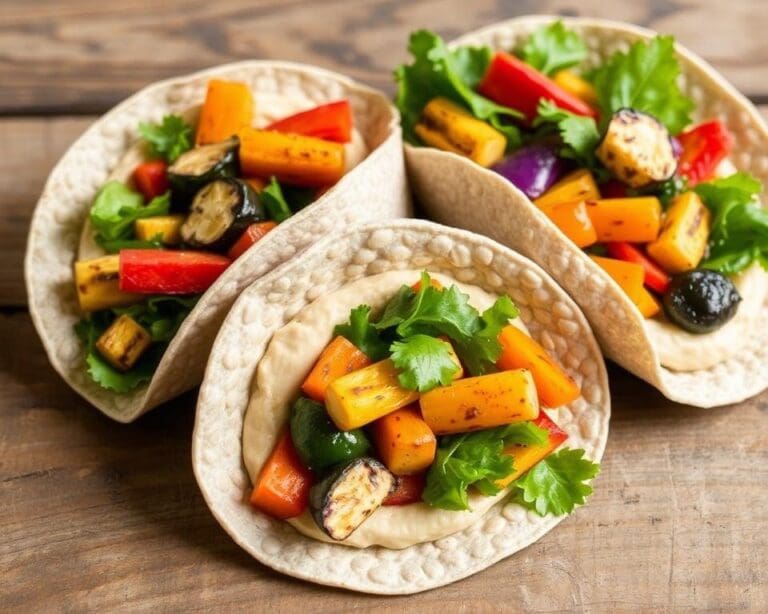 Volkoren wraps met hummus en gegrilde groenten