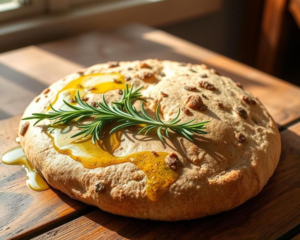 Volkoren zuurdesem focaccia met olijfolie en rozemarijn