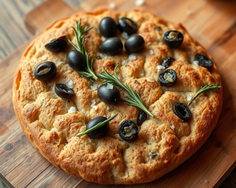 Volkoren zuurdesem focaccia met olijven en rozemarijn