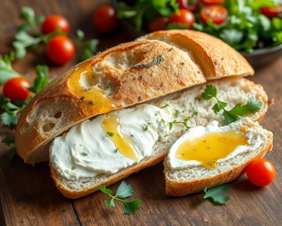 ciabatta met geitenkaas en honingdressing