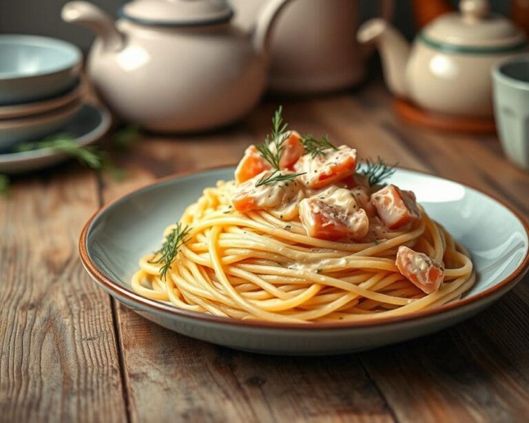 Spaghetti met een romige zalmsaus en dille