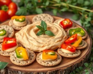 Volkoren crackers met hummus en verse paprika