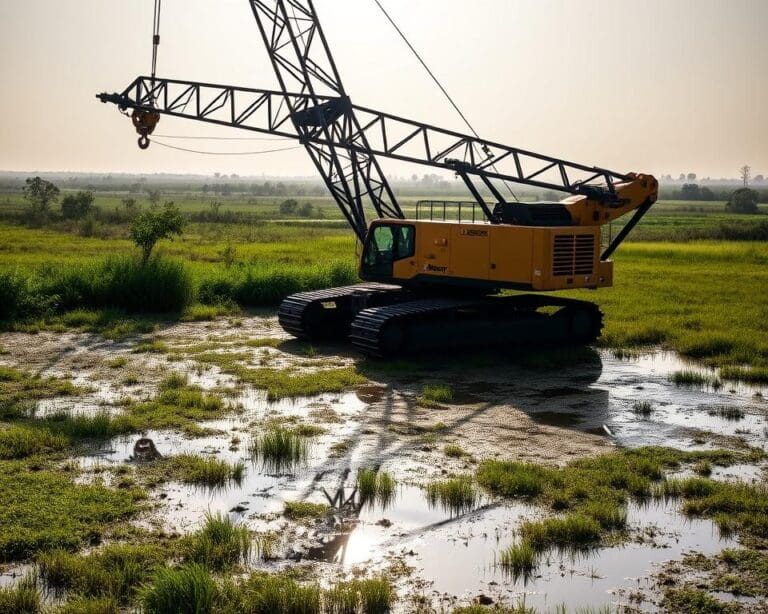 Hoe functioneert de Liebherr HS 8040 rupskraan in moerassige gebieden?