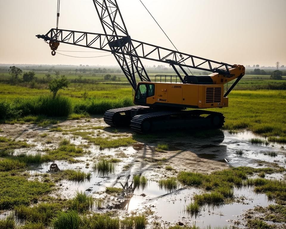Hoe functioneert de Liebherr HS 8040 rupskraan in moerassige gebieden?